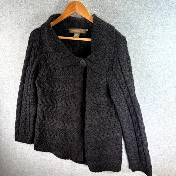 Vintage Inis Crafts Chunky Cardigan Sweater Women's Large Black Cable Knit Wool - Picture 2 of 8